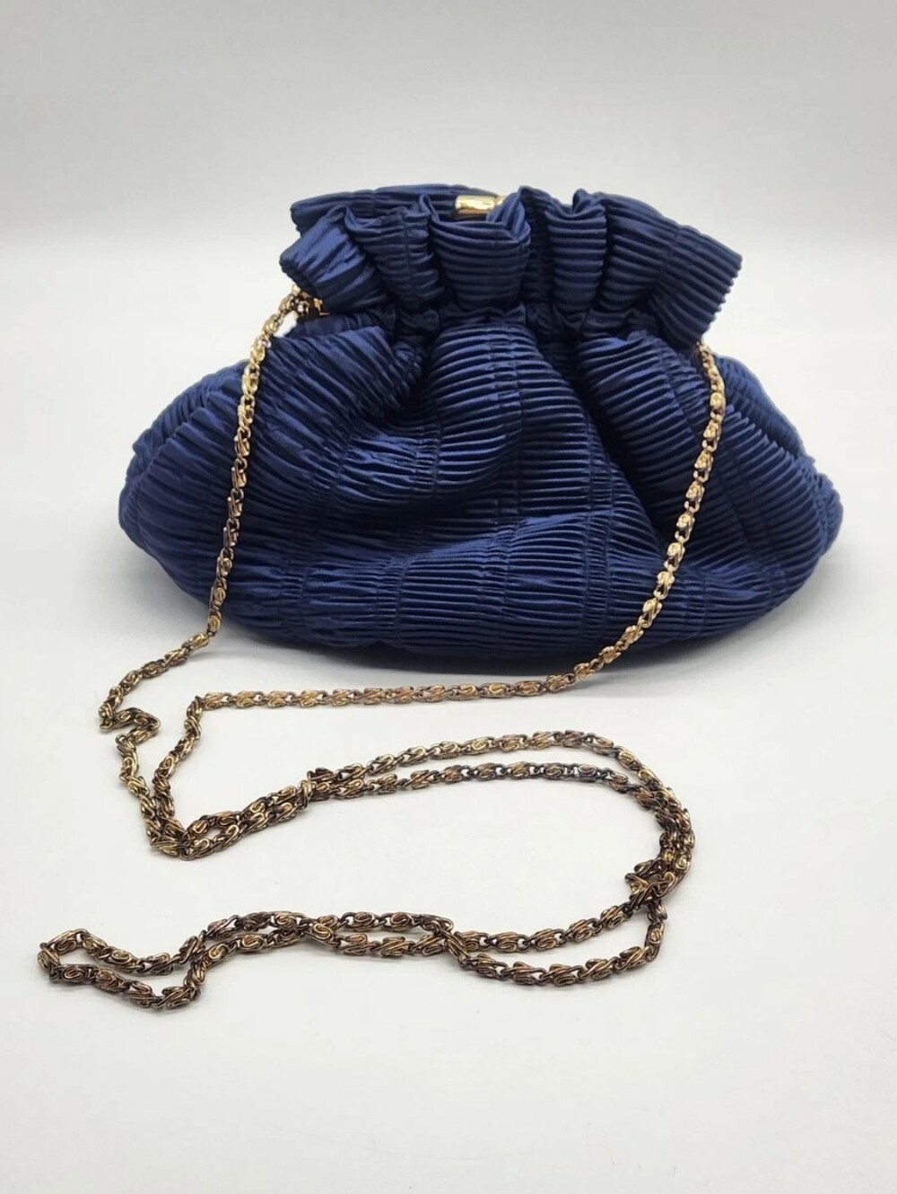 Stunning Navy Blue Ruching Satin Drawstring Crossbody Clutch Evening Purse
